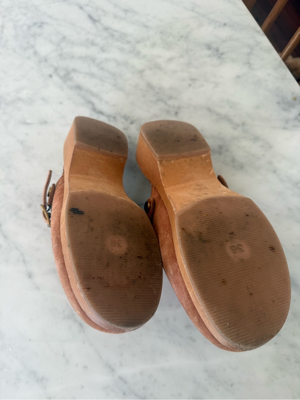 Re/Done Cognac Suede Clog Mules with Buckle - Picture 4 of 4